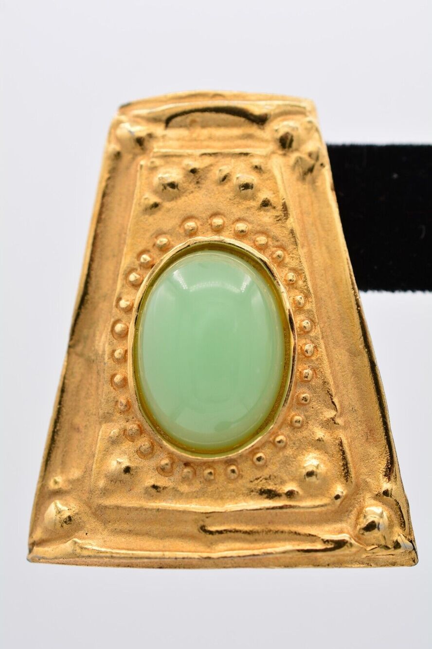 Givenchy Vintage Green Cabochon Earrings Brushed Gold Chunky Signed 1980s BinQ